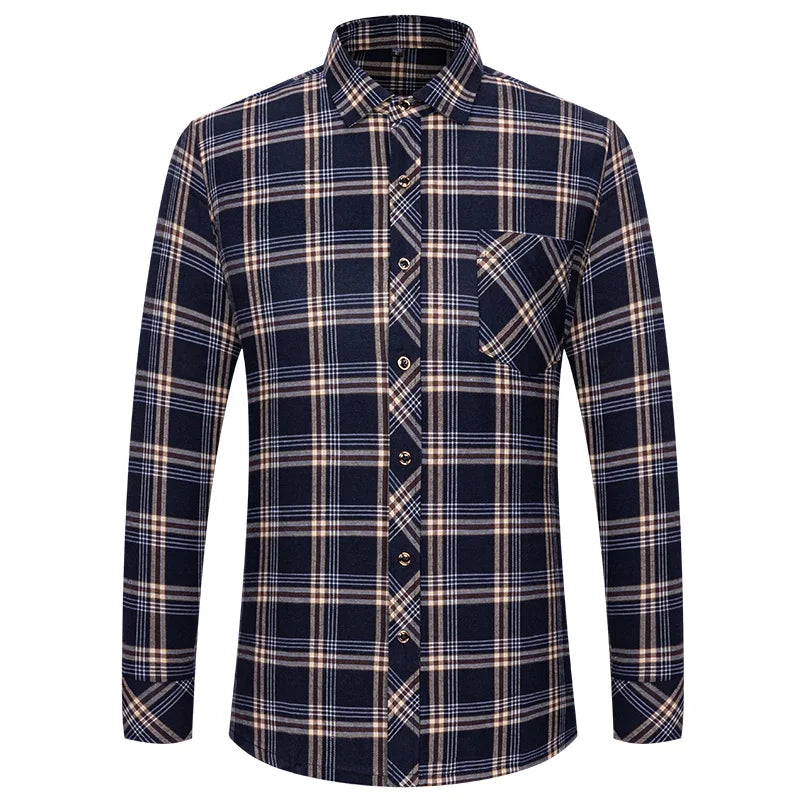 M-6XL Men's Pure Cotton Flannel Shirts Long Sleeve Single Pocket Casual Plaid Thick Soft Cozy Brushed Shirts Blouse Men Clothing
