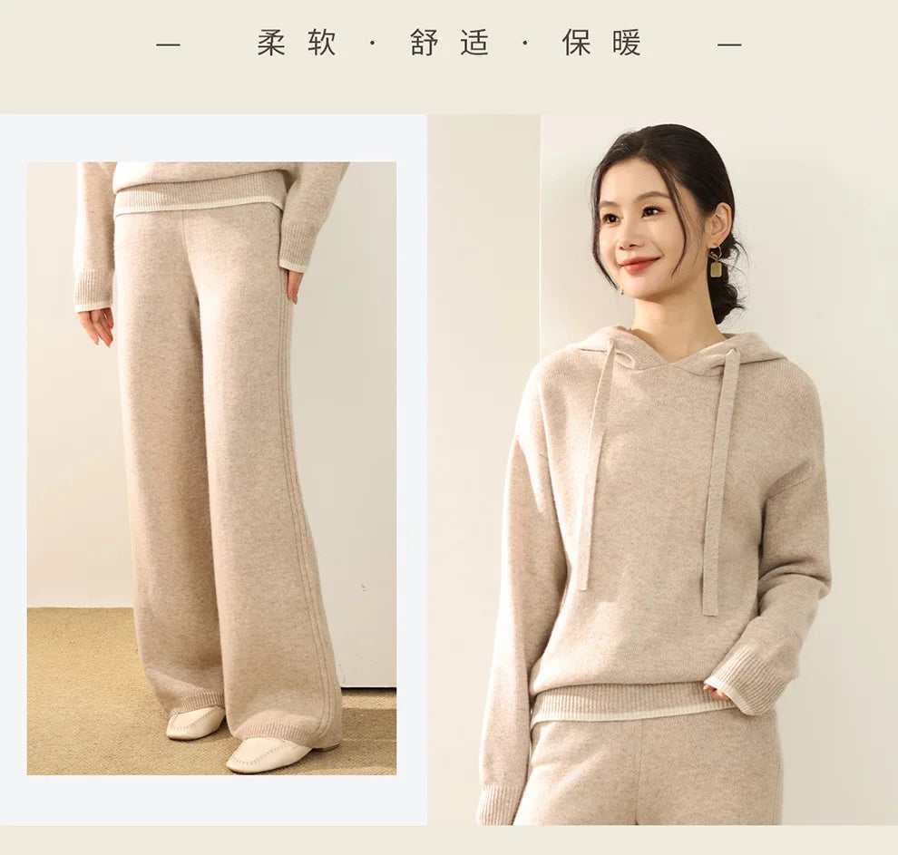 Autumn And Winter New 100 Pure Wool Suit Women Hooded Sweater Wide-Leg Pants Casual Knitting Two-Piece Suit