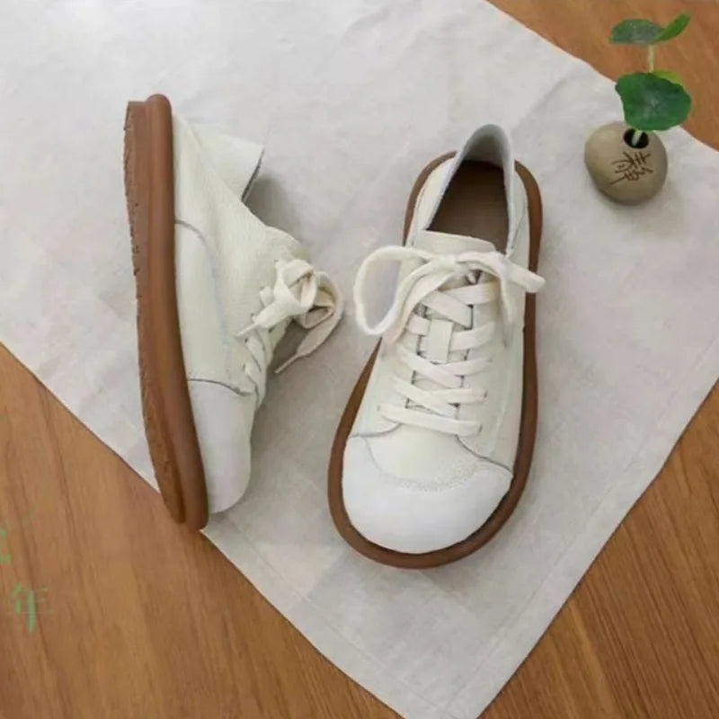 2025 New Wide Toe Shoes Women's Lace Up Sneaker Girls Half Slipper Sneakers Woman Faux Leather Vulcanized Sneakers New