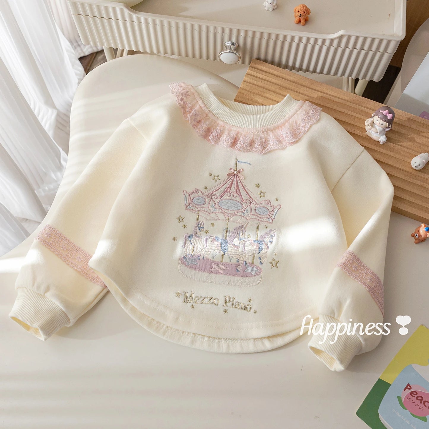Girls Spring New Style Embroidered Sweatshirt Lace Trim Hoodie Baby Spring Clothes Korean Version Heavy Embroidery Top