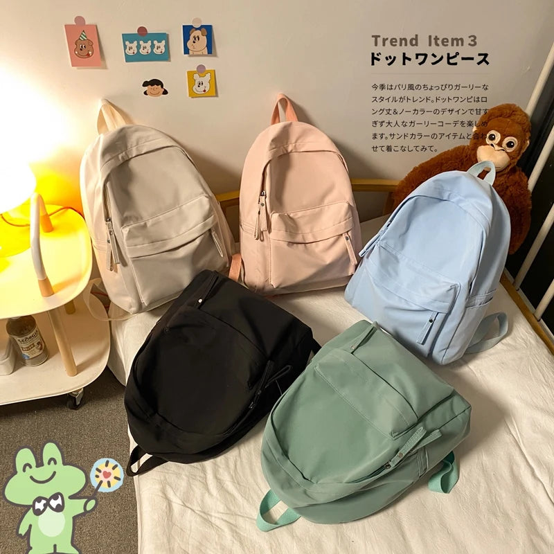 Simple Solid Color Backpack Women 2022 Waterproof Nylon School Bags For Teenager Girls Bookbag Lady Travel Backbag Shoulder Bag