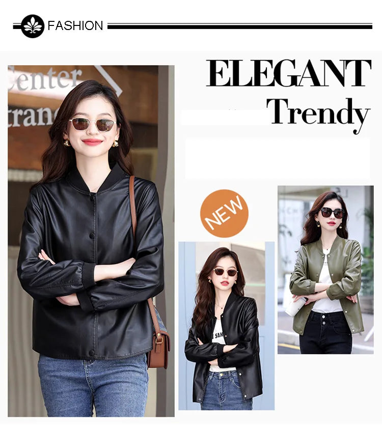 New Women Casual Leather Jacket Spring Autumn Fashion Patchwork V-Neck Single Breasted Loose Short Outerwear Split Leather