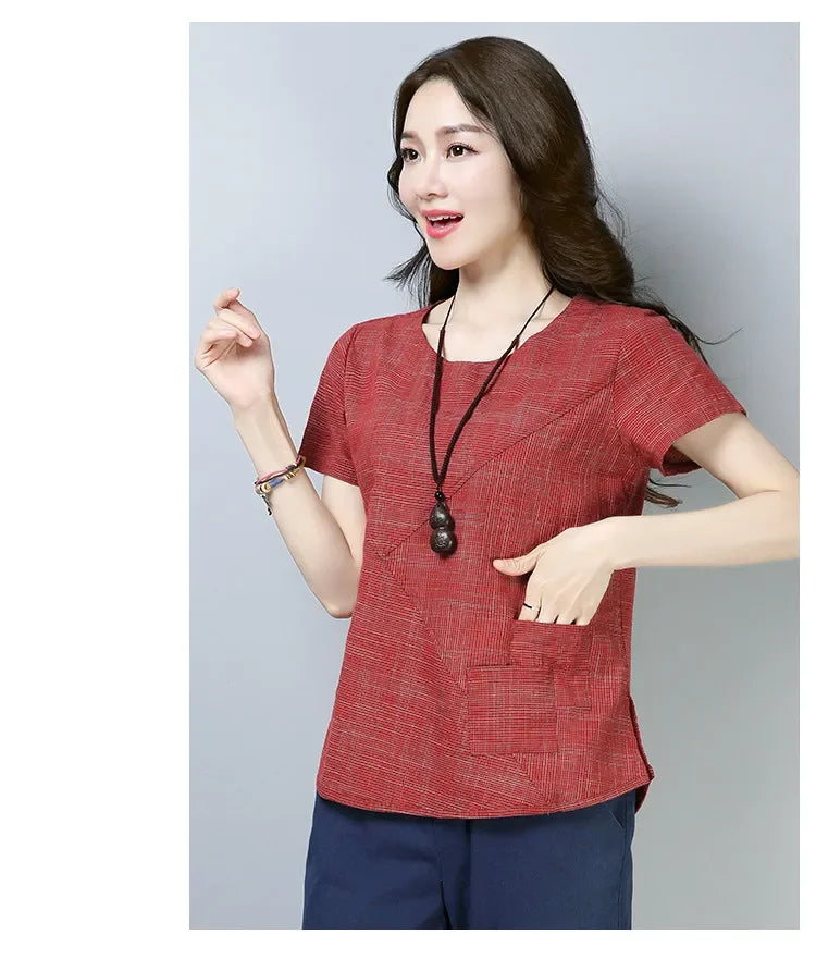 Women's Summer Blouses 2024 Vintage Linen Cotton Women Tops Blouses Short Sleeve Women Shirts Women Clothing Blusas 2127