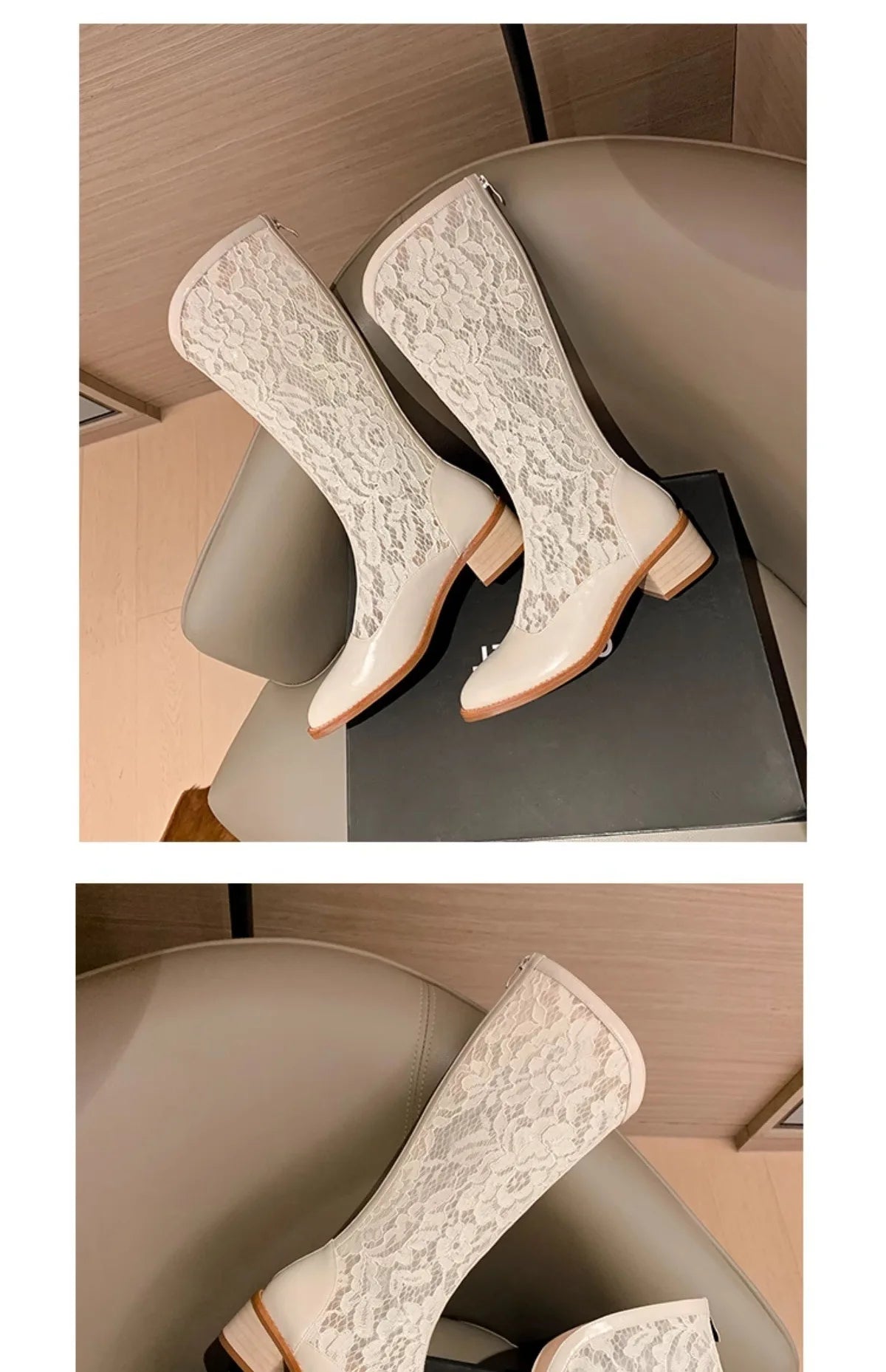 Woman Fashion Lace Flower Boots Thick Heel Pointed Toe Mid-calf Boots Female Footwear Summer Size 41 Breathable Botas De Mujer