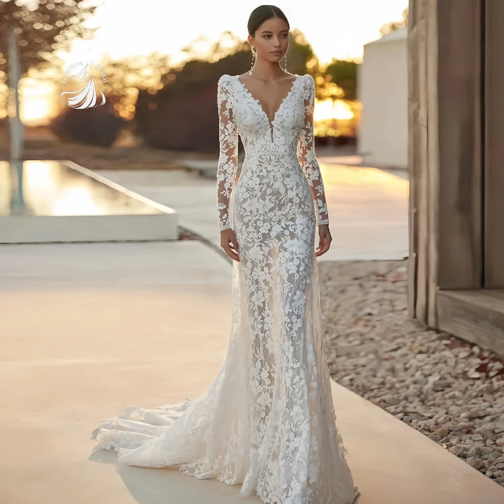 VeraNova Customized Wedding dress Sexy Lace Semi-transparent long-sleeved Mermaid Wedding dress