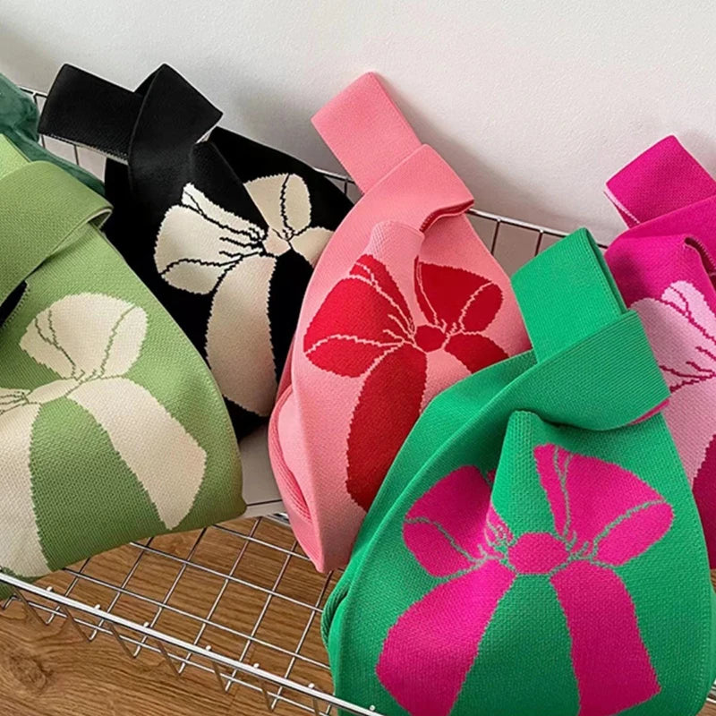 Women Handmade Knot Wrist Bag CNew Bowknot Knit Handbags asual Small Bow Tote Bag Girls Reusable Shopping Bags