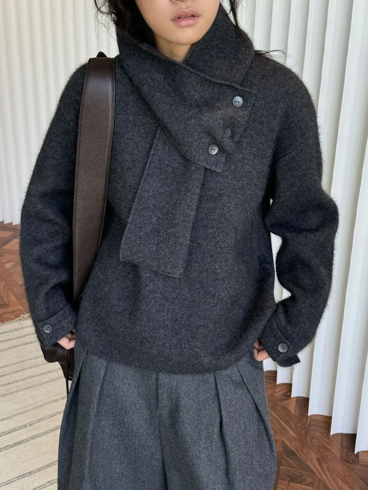 Winter wool sweater women's casual solid color round neck long sleeved scarf decoration loose sweater