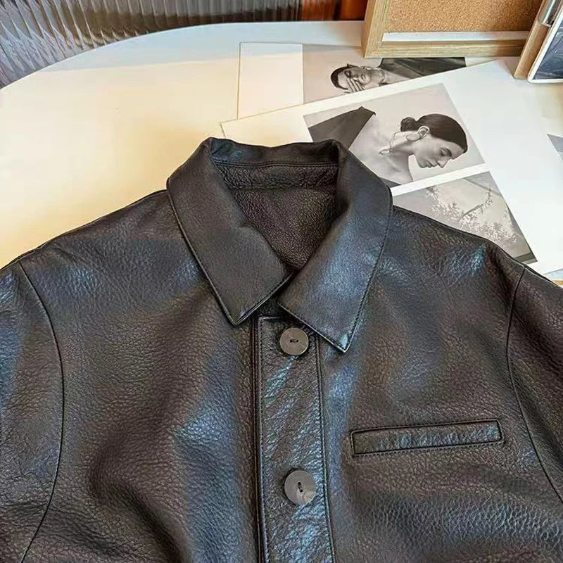 Retro Leather Bomber Jackets for Women Genuine Foam Leather Bubble Texture Short Coat Female Square-Cut Lapel Slim Fit Chaquetas