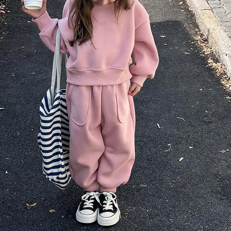 2025 Winter New Children Plus Velvet Thick Clothes Set Boys Girls Fleece Hooded Sweatshirt + Sweat Pants Suit Kids Warm Outfits