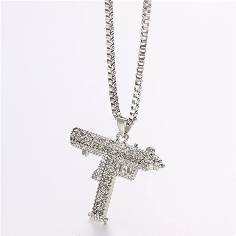 Gold Plated Uzi Gun Pendant Necklace for Men Full Crystal Bling Submachine Chain Hip Hop Accessory Male Jewelry