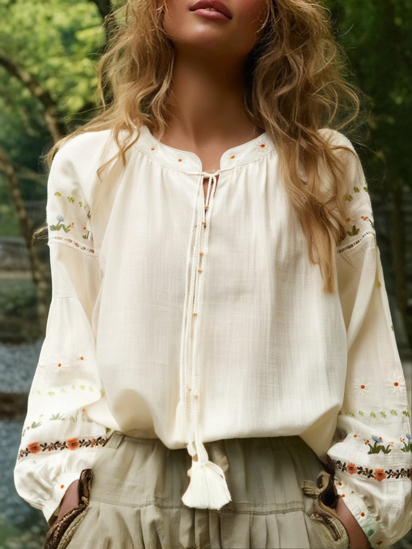 Retro Vintage Fashion Women Floral Embroidery Linen Cotton Beach Bohemian Blouse Shirts Tops Long Sleeve Loose Boho Blusas