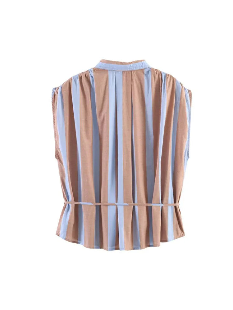 Women Summer Shirts Blouses Tops 2026 Fashion Striped Sahes Bow Turn-Down Collar Female Elegant Street Top Clothing