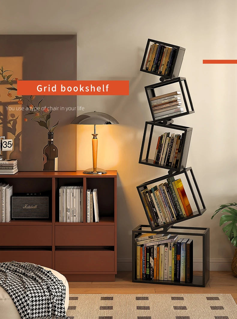 5 Layer Grid Bookshelf Modern Simple Foldable Storage Metal Living Study Room Decoration Corner Arrange Floor Standing Bookshelf
