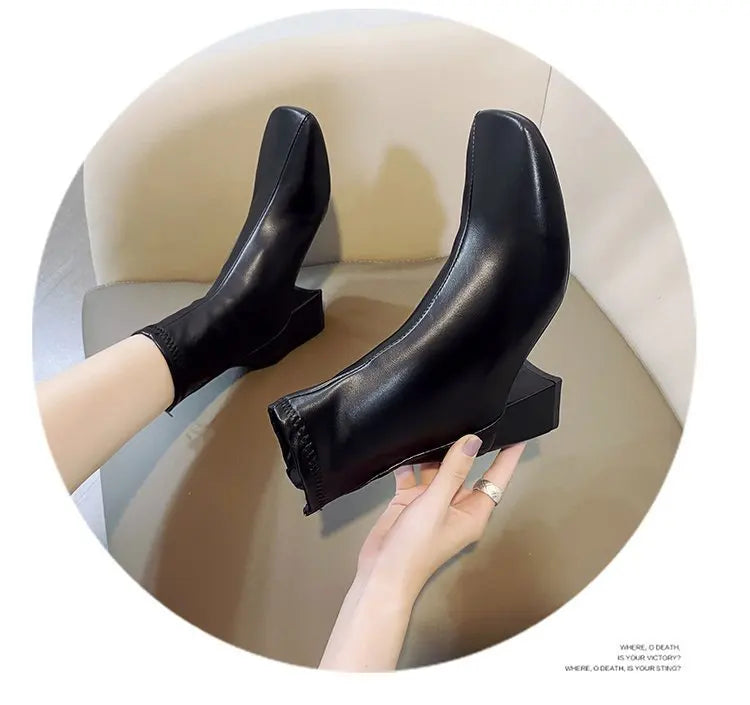 Ladies Bla High Heel ort Boots Spring Autumn Briti Sle Square Head  Boots Faionable Waterproof PU Leather