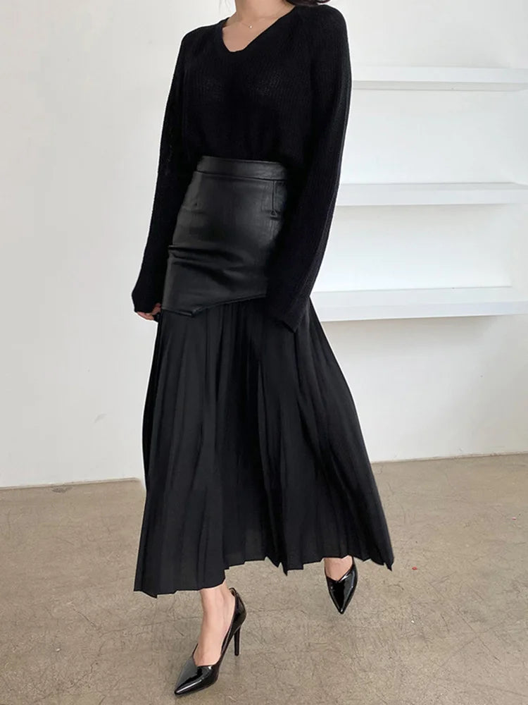 TWOTWINSTYLE Casual Patchwork Pu Skirt For Women High Waist Midi Folds Pleated Skirts Female 2022 Spring Fashion Clothing Style