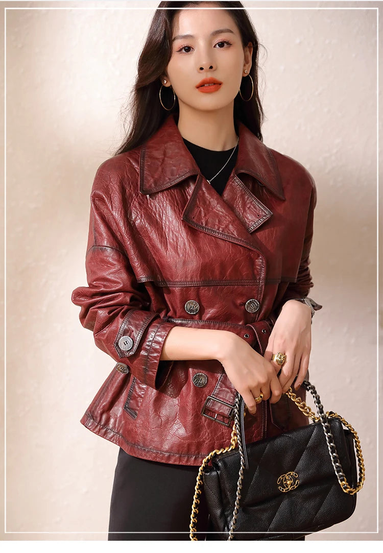 Roupas Femininas Autumn Women's Suit Collar Lace-up Waist Oil Wax Sheepskin Gabardina Mujer Vintage Red Wine Short Trench Coats