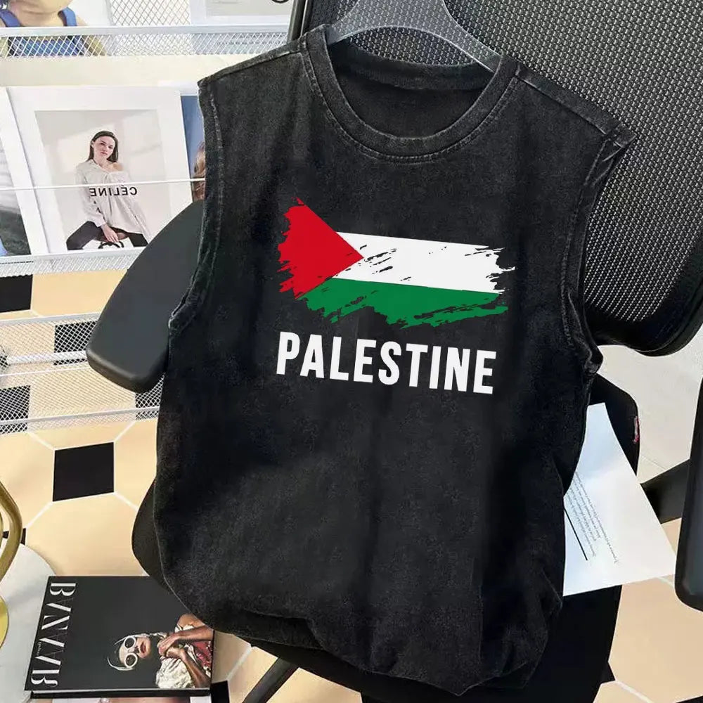 Palestine Heart Scribble Graphic T-Shirt Mens Tank Tops Gym Clothing Vintage Washed Women Y2k Clothes Oversized Sleeveless Vest