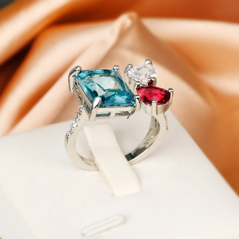 925 Sterling Silver Sterling Silver Geometric Design Blue Red Premium Ring Fashion Banquet Wedding Ladies Light Luxury Jewelry