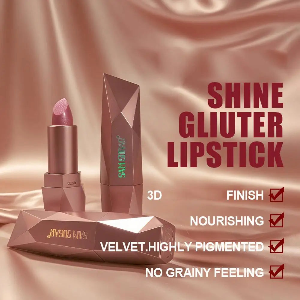Dark Purple Diamond Metallic Glitter Lipstick Waterproof Long-Lasting Pearlescent Highly Pigmented Lip Tint Sparkling Lip Gloss