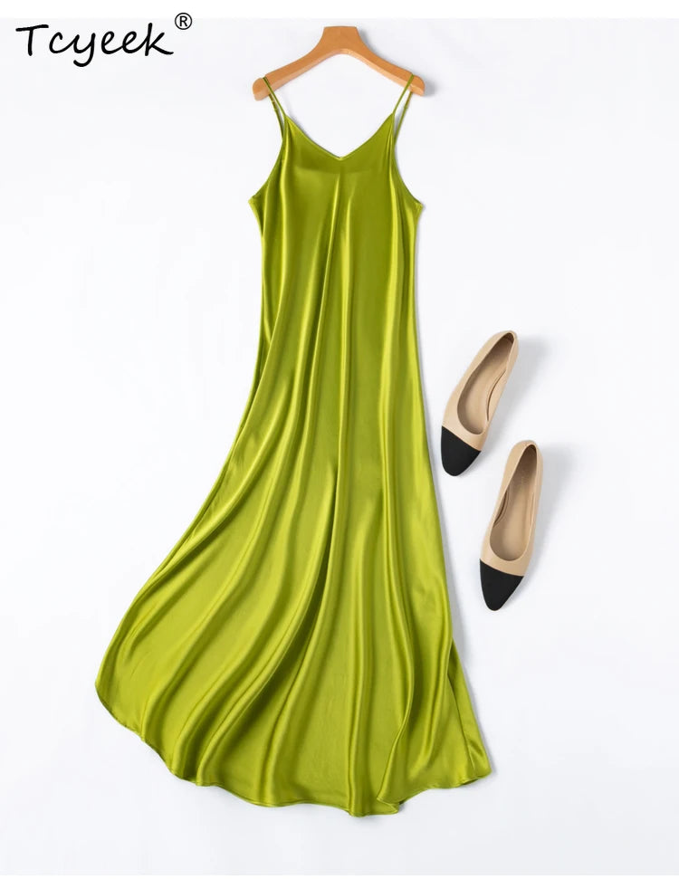 Tcyeek 100% Natural Mulberry Silk Long Dress 21MM Real Silk Summer Dresses for Women 2026 Elegant Dresses Womens Clothing Платье