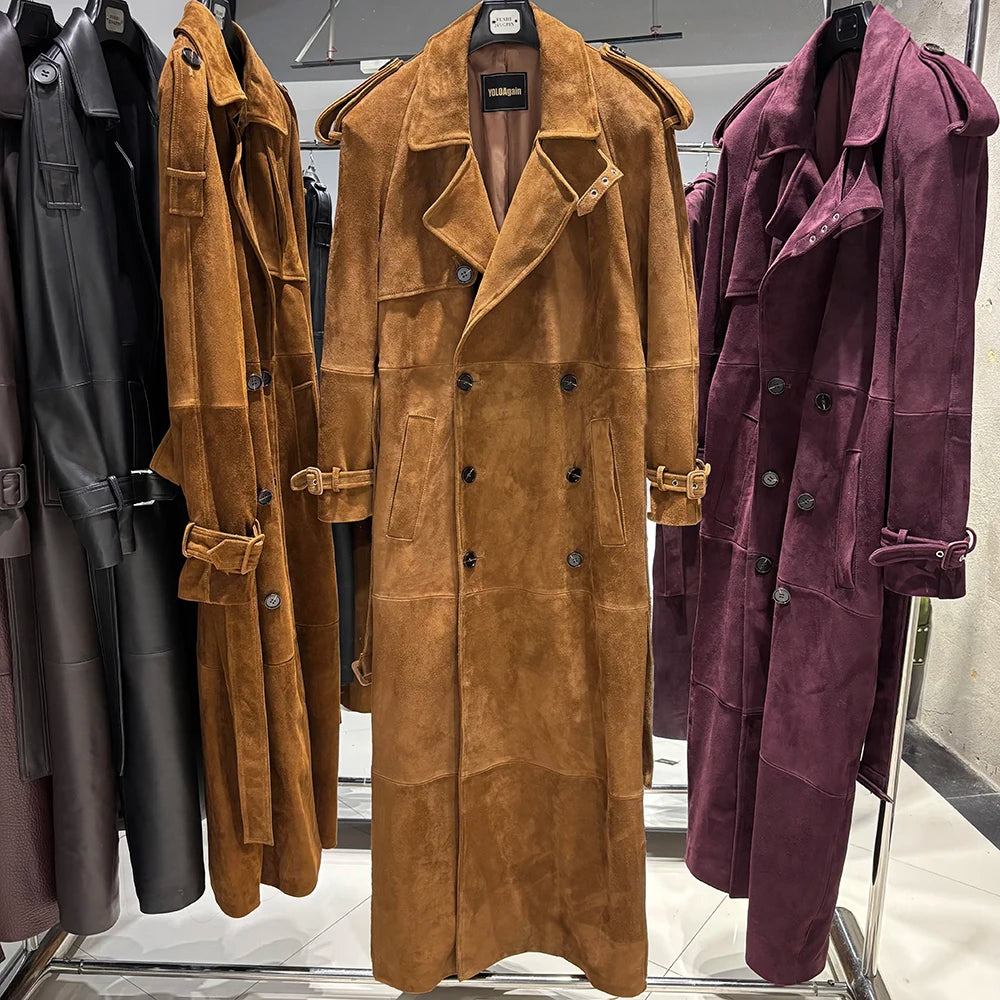 YOLOAgain 150cm Extra Length Real Leather Trench Coat Women Double Breasted Suede Coat Female