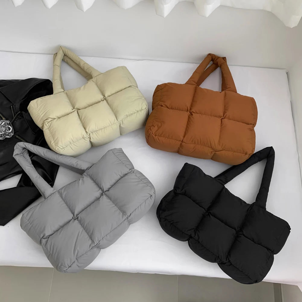 Women Padded Handbag Solid Color Quilted Single Shoulder Bag Large Capacity Soft Cloud Tote Bag Trendy Commuting Bags
