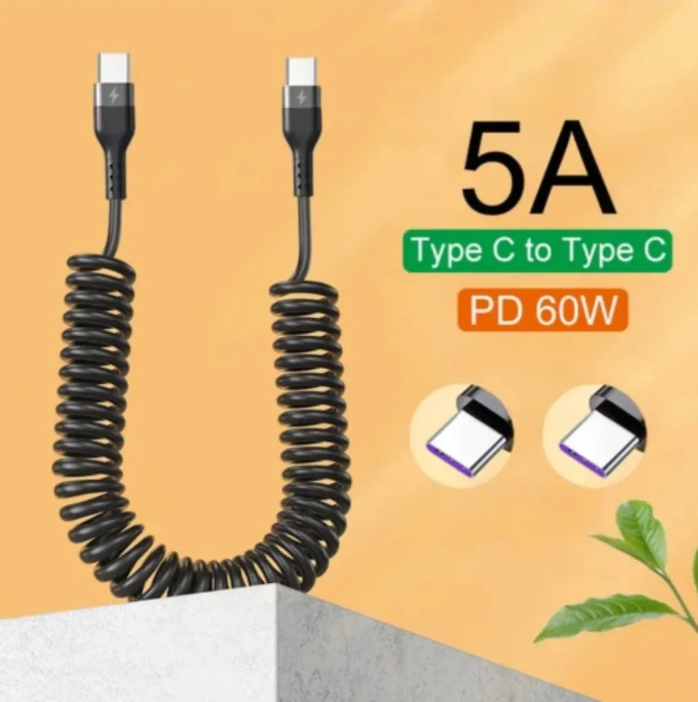 5A Fast Charging Spring Data Cable Retractable USB C To Type C Cable for Huawei Xiaomi Redmi Phone Charger USB Type C Cable