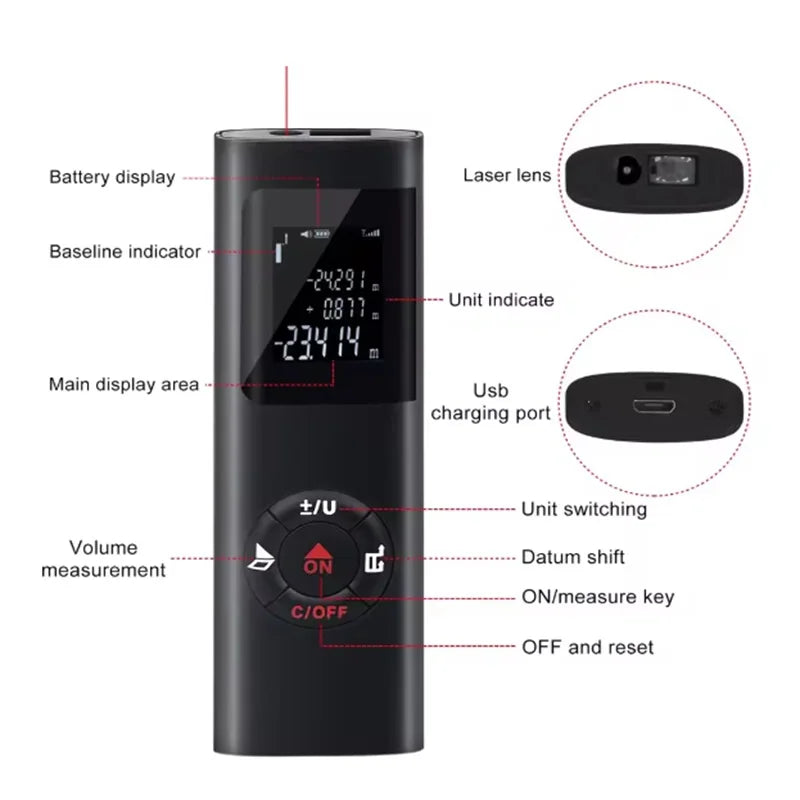 USB Rechargeable 40M Handheld Portable Mini Smart Laser Distance Meter Measure Infrared Rangefinder Laser Range Finder Tools