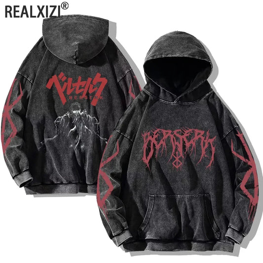 Vintage Anime Washed Hoodies Cotton Men Women Retro Long Sleeve Pullover Casual Oversized Hooded Sweatshirts Hip Hop Streetwear