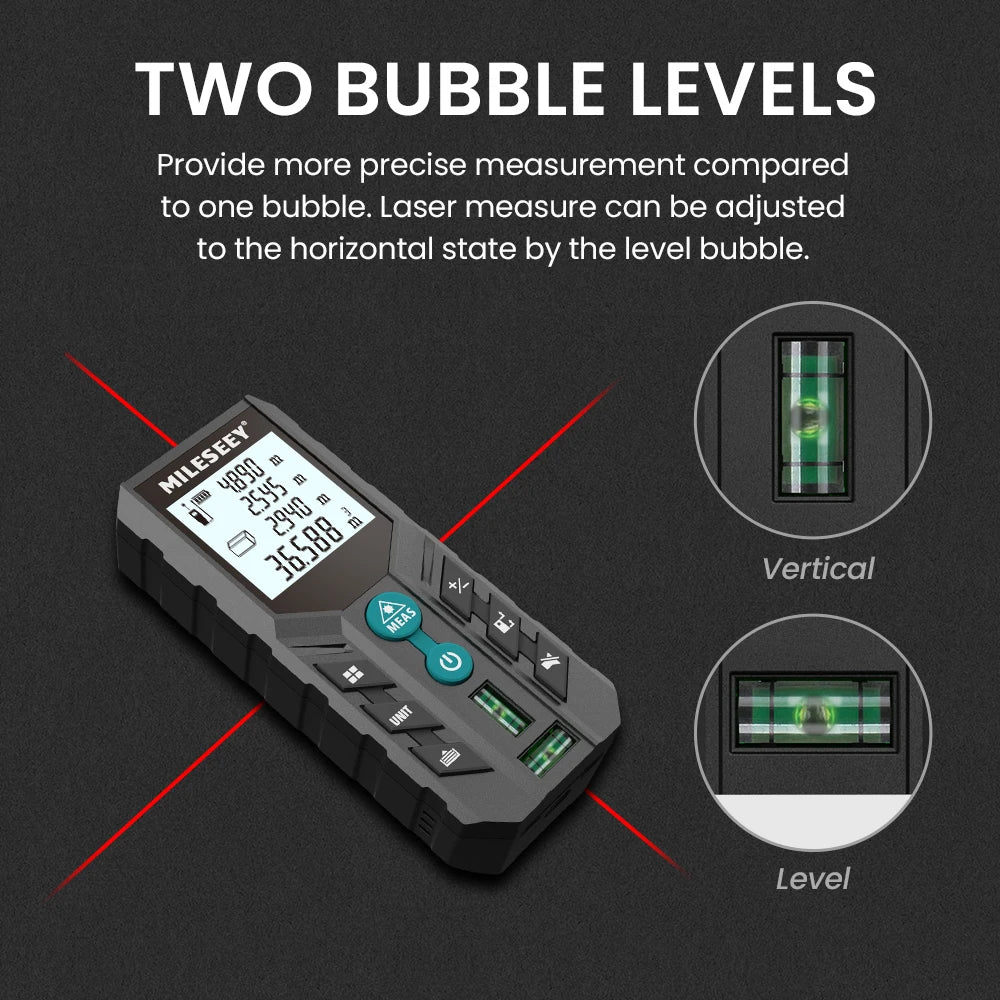 Mileseey D2 Laser Distance Meter,40m/120m Rangefinder,Rechargeable Angle Optional, Ft/M Unit, With Leveling Bubble Measure Tools