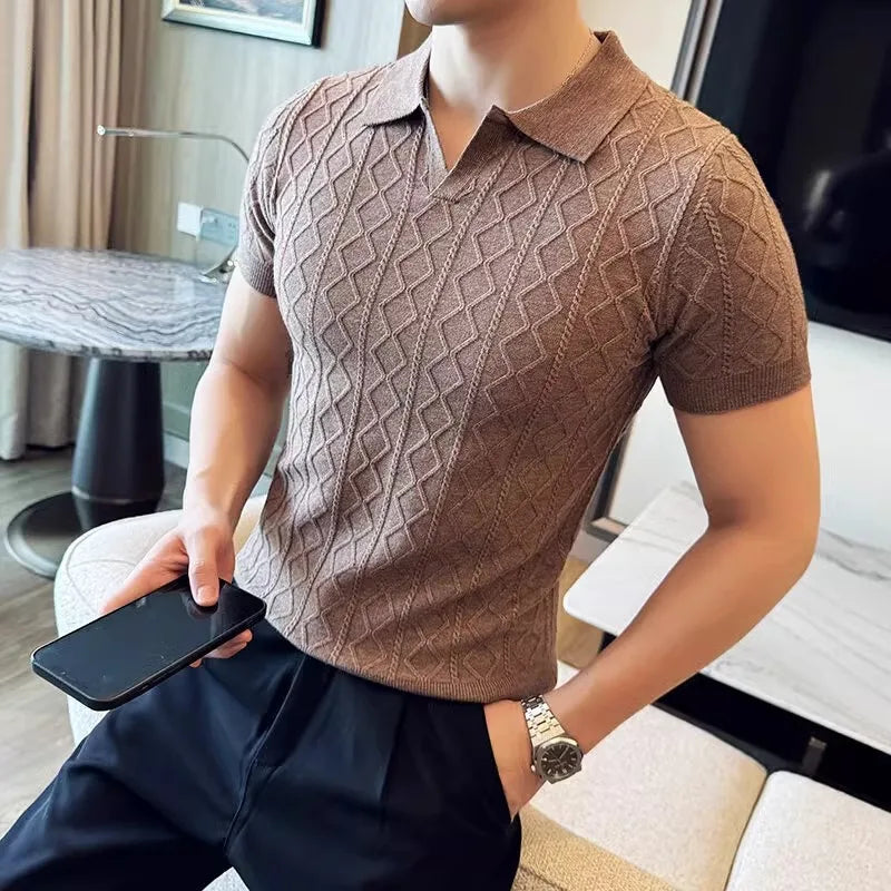 Polo Style Sweaters for Men Summer New Slim Fit Short Sleeve Business Casual T-shirts Male Solid Turn Down Collar Knitwear Tops
