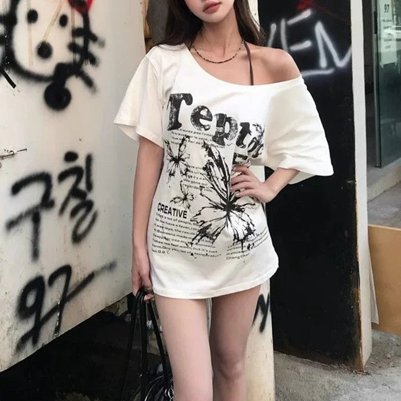 Summer Lady T-shirts Chic Streetwear T-shirts Female Baggy Casual Daily Tops Women Letter Printed Off Shoulder Clothes