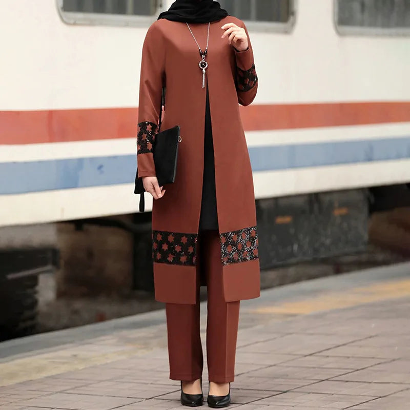 Islamic Ramadan Eid Muslim Dress Women 2 Piece Corset Suit Shirt Wide Leg Pants Dubai Abaya Lace Up Solid Color Kaftan Clothing