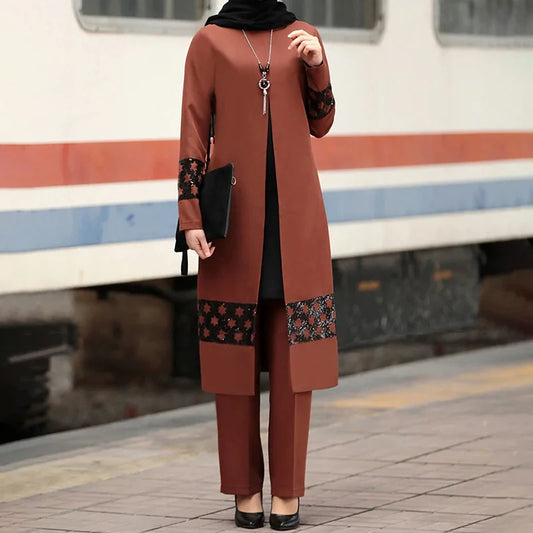 Islamic Ramadan Eid Muslim Dress Women 2 Piece Corset Suit Shirt Wide Leg Pants Dubai Abaya Lace Up Solid Color Kaftan Clothing