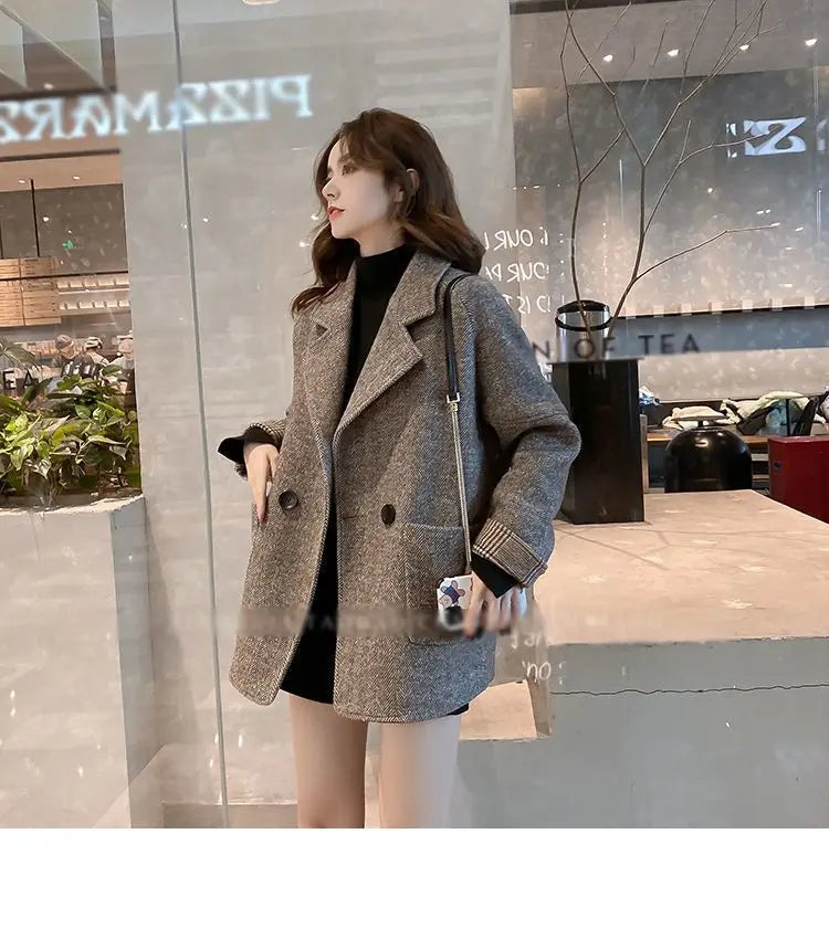 Woolen Suit Jacket for Women Autumn Winter Korean Loose Casual Blazers Thick warm Pocket Turndown Collar Women's Coat