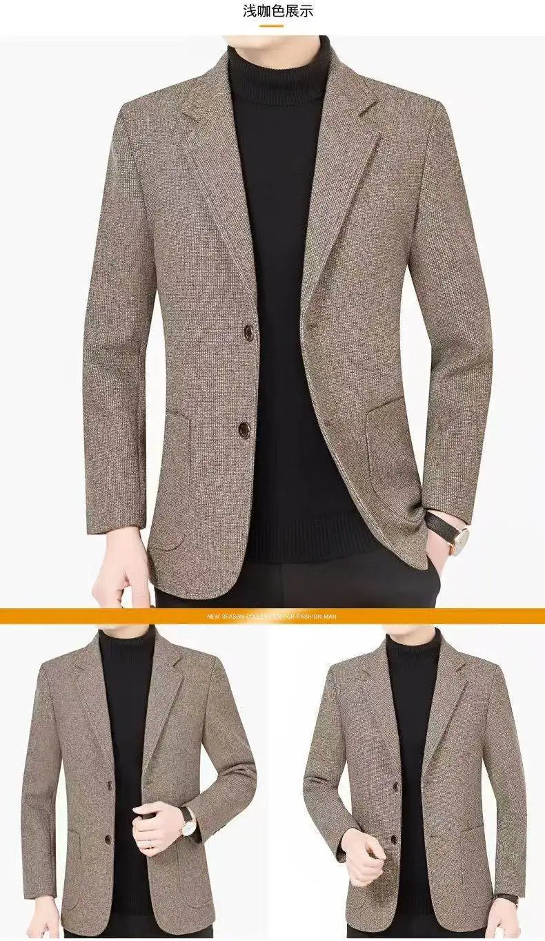 Men's woolen suit spring and autumn jacket is fashionable, cool and versatile. It is a solid-color checkered flat lapel short to