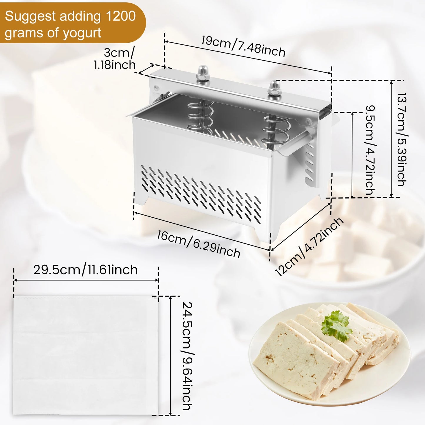 Stainless Tofu Press Cheese Making Press with Filter Cloth Paneer Maker Whey Separator for Kitchen Tofu Cheese Paneer DIY Mold