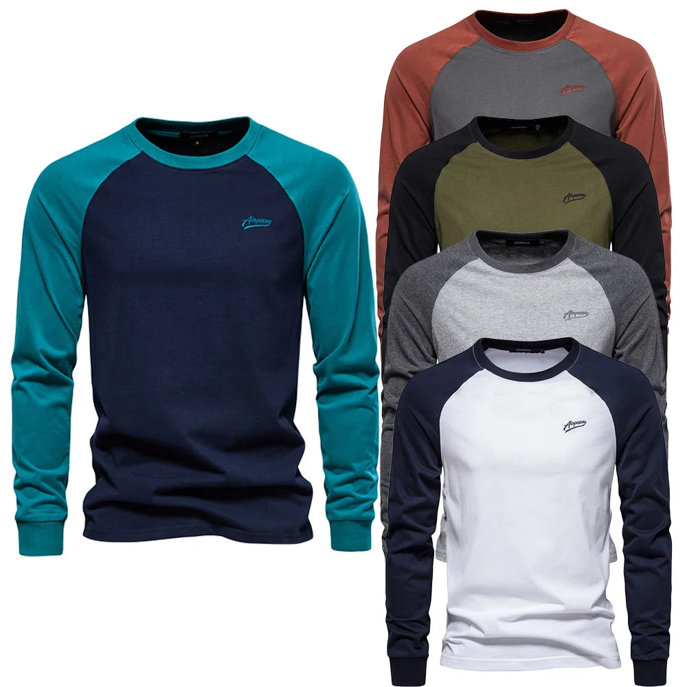 New 100% Cotton Men T-shirts Long Sleeve Splicing Tops Spring Autumn Casual Streetwear O-neck Slim Tees Men's Bottom T-shirt