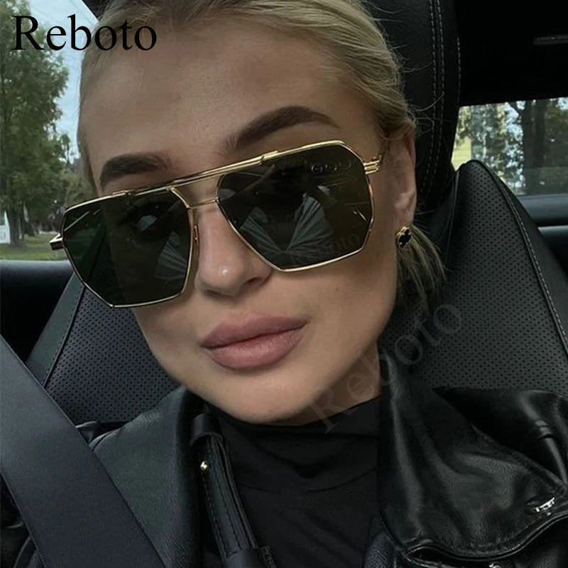 High Quality Square Polarized Sunglasses For Women Retro Oversized Double Bridge Sun Glasses Men Luxury Big Metal Goggle Shades