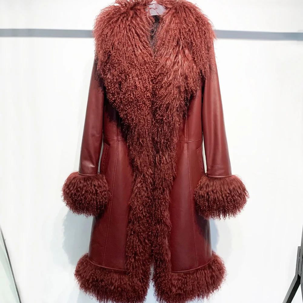 Suede Coat Fur Collar Women Autumn Genuine Sheepskin Coat Long with Mongfolian Fur Trim