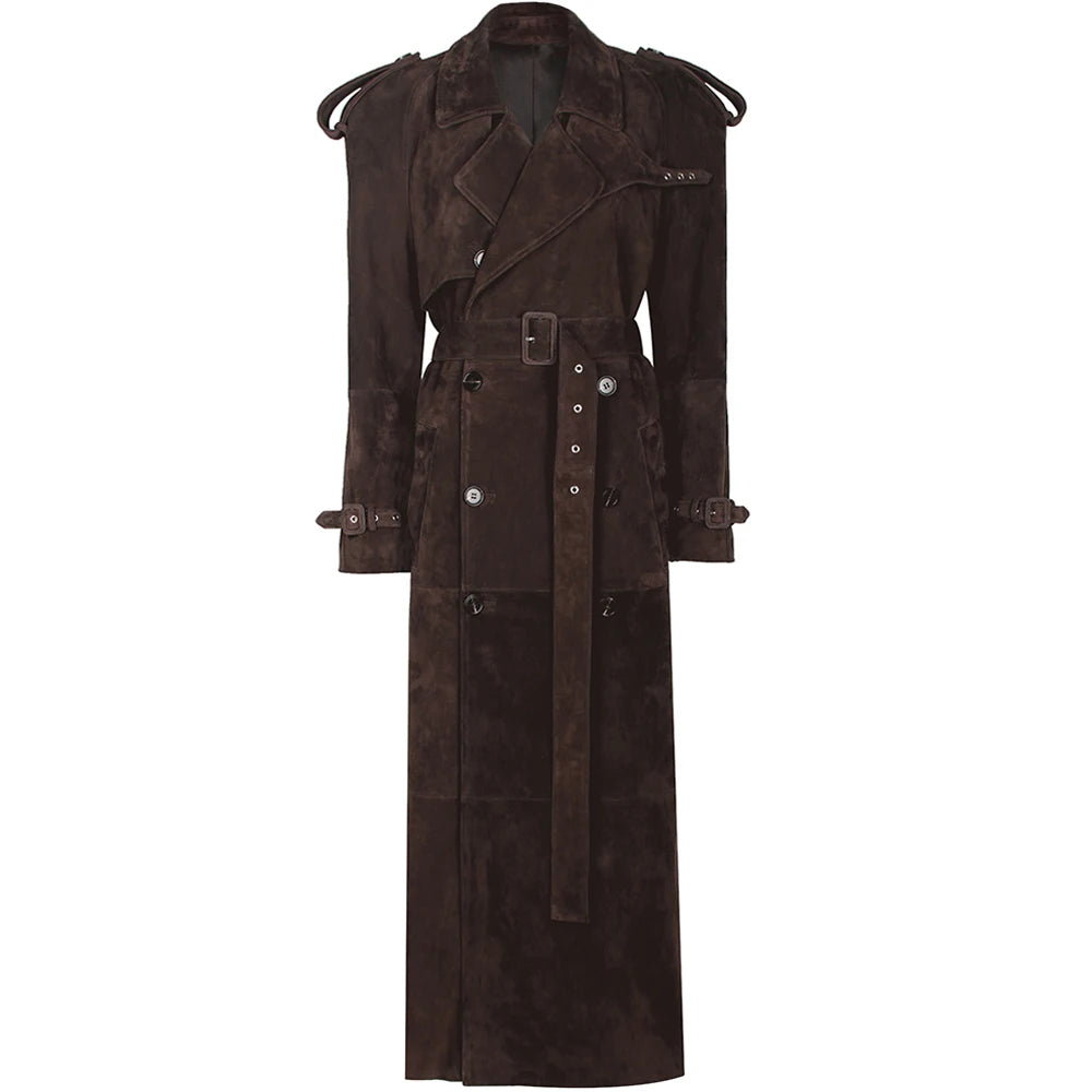 YOLOAgain 150cm Extra Length Real Leather Trench Coat Women Double Breasted Suede Coat Female