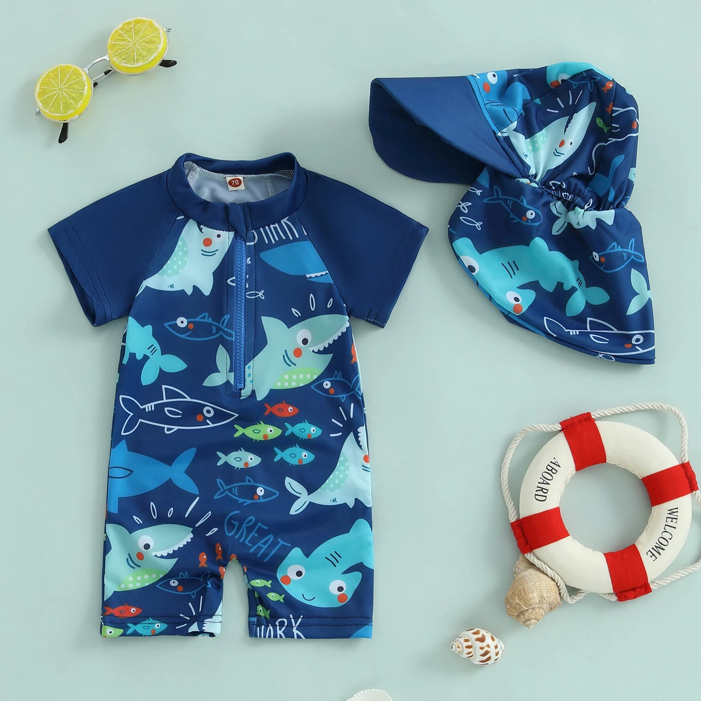 BeQeuewll Toddler Boys Summer Swimming Suit Kids Rash Guard Swimsuit Shark Print Zipper Short Sleeve Kids Bathing Suit with Cap
