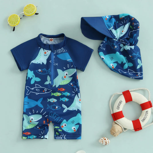 BeQeuewll Toddler Boys Summer Swimming Suit Kids Rash Guard Swimsuit Shark Print Zipper Short Sleeve Kids Bathing Suit with Cap