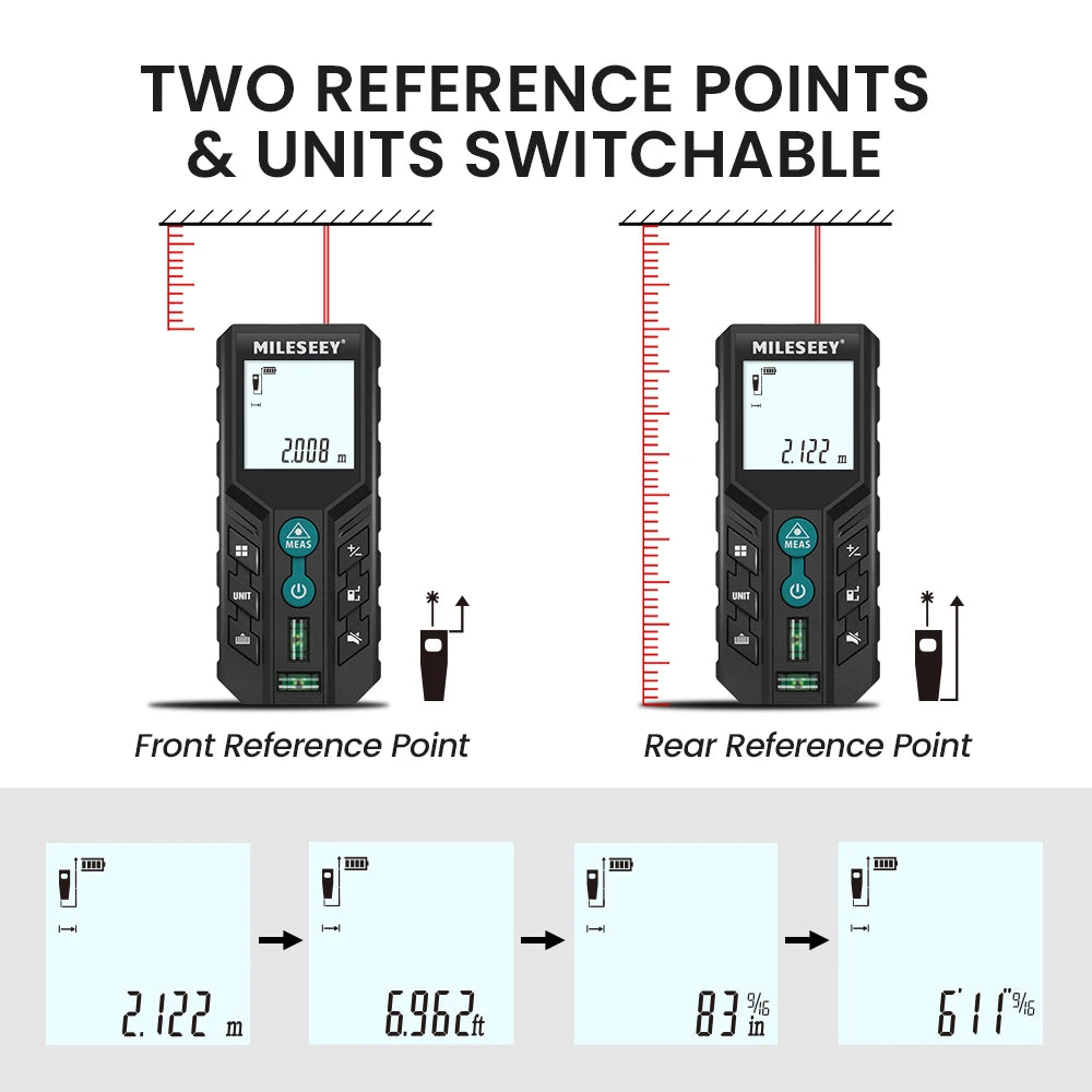Mileseey D2 Laser Distance Meter,40m/120m Rangefinder,Rechargeable Angle Optional, Ft/M Unit, With Leveling Bubble Measure Tools
