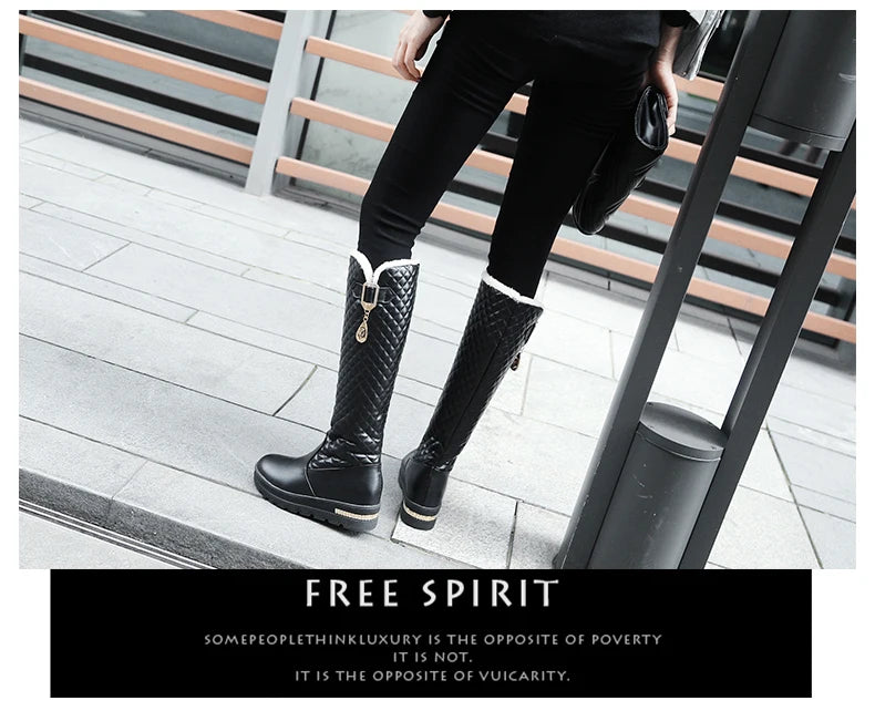 Raised Checkerboard With Metal Square Buckle Warmth Plush Lining Women's Snow Boots Flat Bottoms Elevated Knee Length Boots
