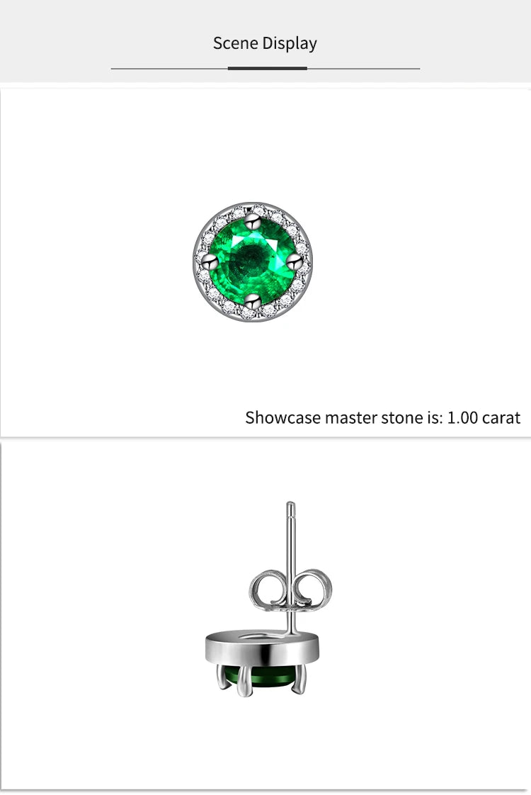 JEWELLWANG 18K Pure Gold Lab Grown 1 Ct Emerald Stud Earrings for Men or Women Surrounded By Synthetic Diamonds Luxury Jewelry