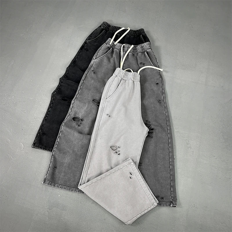 2025 Autumn/Winter Acid Wash Sweat Pants Athletic Joggers Hip Hop Raw Edges Cut Crush Distressed Frayed Wide Leg Sweatpants
