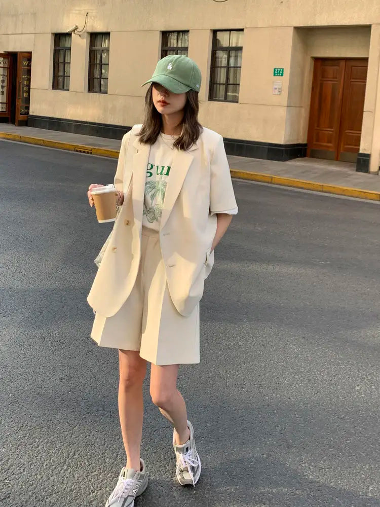 Pant Suits 2025 Spring and Summer Thin Casual Loose Short Sleeved Suit Jacket Women Suit Two-piece Set