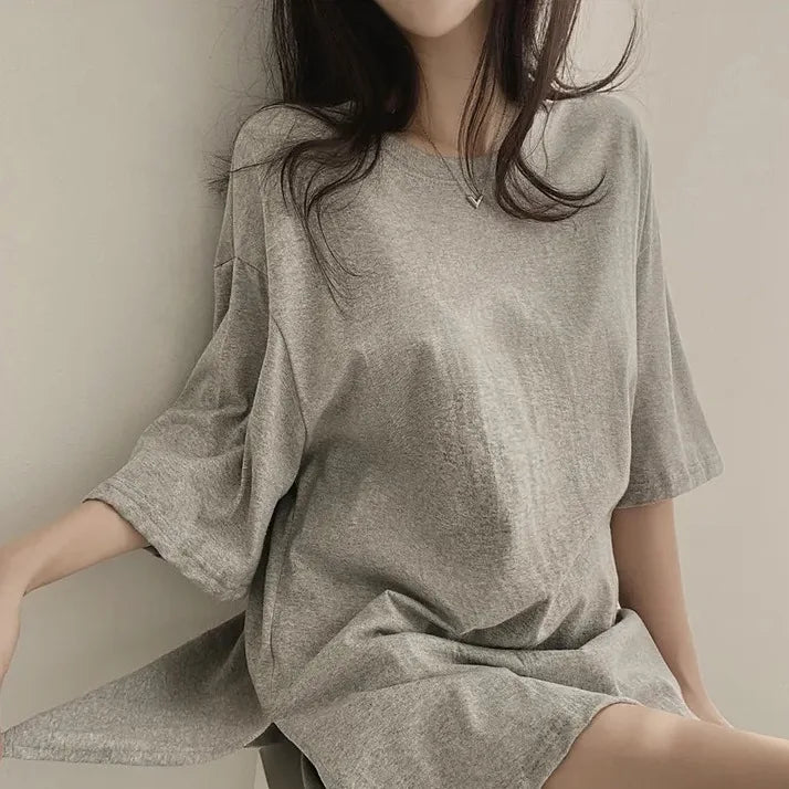 T-shirt for Women in Summer 2025 Slit Black Top Ins Pure Cotton Cotton Mother Simple Loose Long Short Sleeve High Elastic