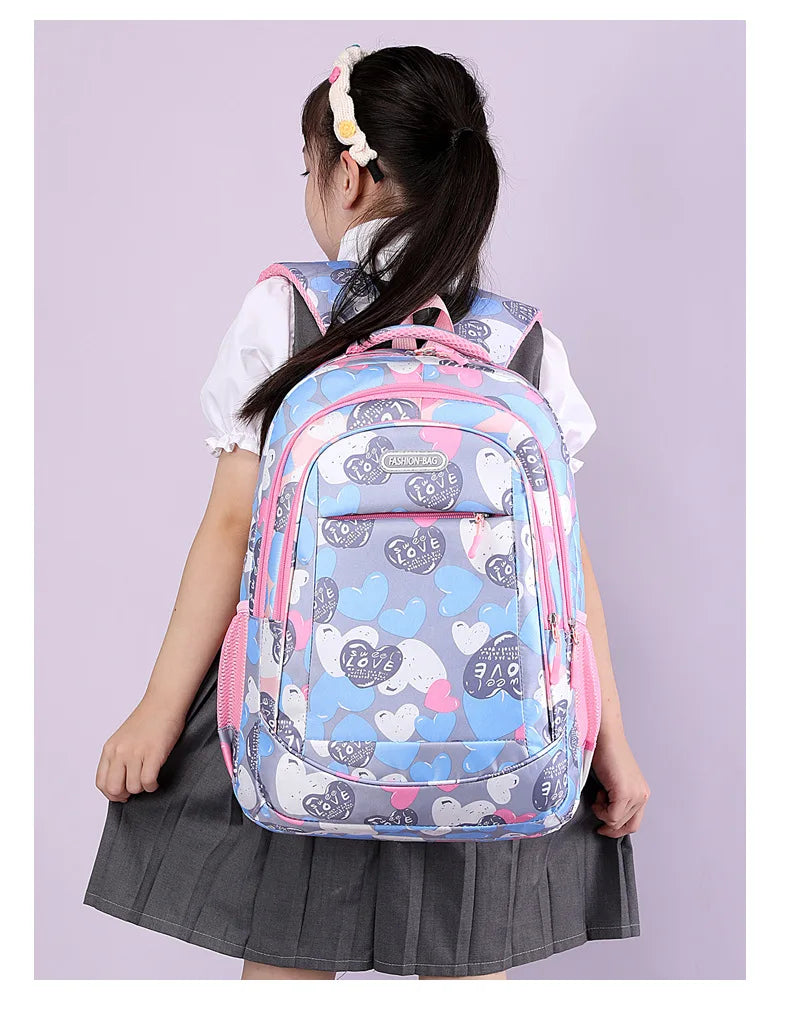 Student Boys And Girls School Bags Love Heart Printed Student Shoulder School Bags 1-6 Grade Light Weight Double  Shoulder Bags